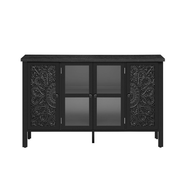 Retro TV Stand With 3 Spacious Cabinets, Glass Cabinet Doors And Anti-Tip Device