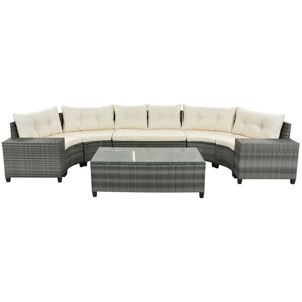 8 Pieces Outdoor Wicker Round Sofa Set, Half-Moon Sectional Sets All Weather, Curved Sofa Set With Rectangular Coffee Table, PE Rattan Water-Resistant And UV Protected, Movable Cushion 8 Pieces Outdoor Wicker Round Sofa Set, Half-Moon Sectional Sets All Weather, Curved Sofa Set With Rectangular Coffee Table, PE Rattan Water-Resistant And UV Protected, Movable Cushion
