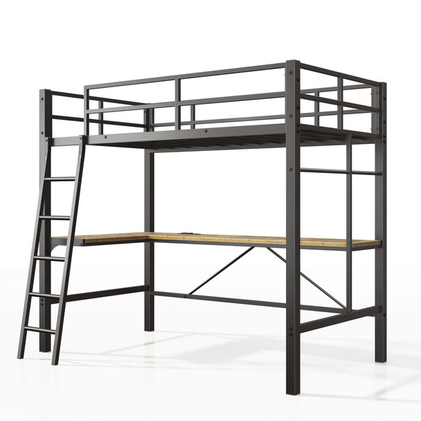 Twin Metal Loft Bed With L - Shaped Desk, Charging Station Loft Bed Frame Twin Size, Safety Guard & Ladder, No Box Spring Needed - Black Twin Metal Loft Bed With L - Shaped Desk, Charging Station Loft Bed Frame Twin Size, Safety Guard & Ladder, No Box Spring Needed - Black