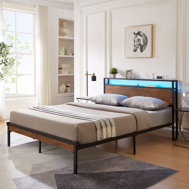Metal Platform Bed Frame With Wooden Headboard And Footboard With USB Liner, LED Lights, No Box Spring Needed, Large Under Bed Storage Metal Platform Bed Frame With Wooden Headboard And Footboard With USB Liner, LED Lights, No Box Spring Needed, Large Under Bed Storage