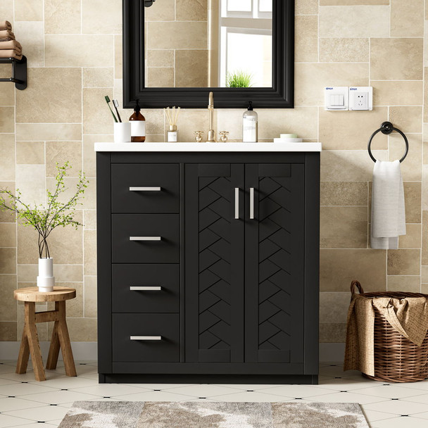 Ceramic Sink Combo, Freestanding Vanity Set With 3 Drawers & Soft Closing Doors Ceramic Sink Combo, Freestanding Vanity Set With 3 Drawers & Soft Closing Doors