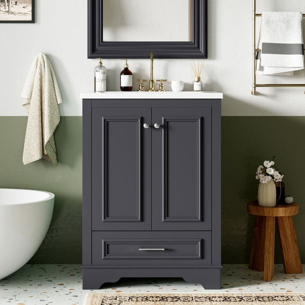 Bathroom Vanity With Ceramic Sink Combo, Modern Freestanding Storage Cabinet With Silver Handles