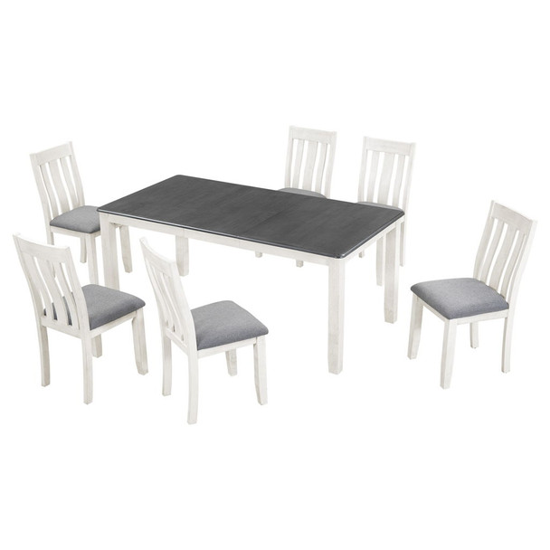Retro Style 7 Piece Dining Table Set With Extendable Table And 6 Upholstered Chairs - Gray / White Retro Style 7 Piece Dining Table Set With Extendable Table And 6 Upholstered Chairs - Gray / White