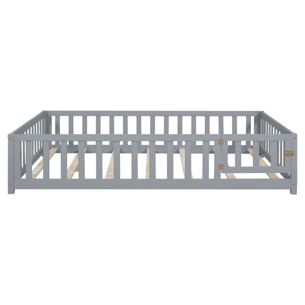Montessori - Full Size Wooden Floor Platform Bed With Fence And Door, Montessori Floor Bed Frame With Support Slats For Toddlers - Gray Montessori - Full Size Wooden Floor Platform Bed With Fence And Door, Montessori Floor Bed Frame With Support Slats For Toddlers - Gray