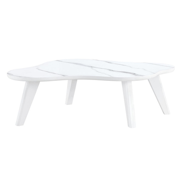 Modern Minimalist Imitation Marble Coffee Table With Solid Wood Legs And Cloud Shape Design - White