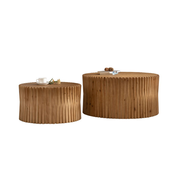 Vintage Fashion Style Cylindrical Nesting Coffee Table Set With Vertical Textured Embossed Design - Natural Vintage Fashion Style Cylindrical Nesting Coffee Table Set With Vertical Textured Embossed Design - Natural