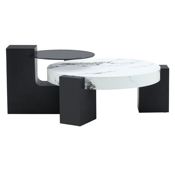 Modern Simple Double Layer Round Coffee Table Transparent Glass Top With L Shaped Legs - White / Black