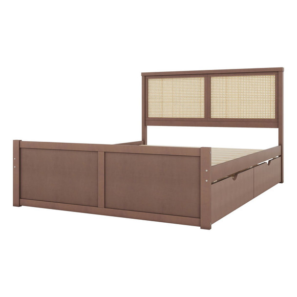 Storage Platform Bed With 4 Drawers, Rattan Headboard