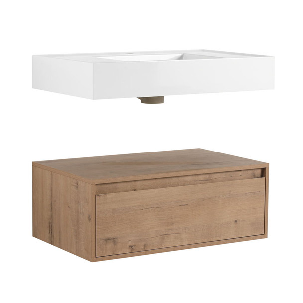 Wall Mounted Bathroom Vanity With Resin Sink And Soft Close Drawer In Imitative - Imitative Oak Wall Mounted Bathroom Vanity With Resin Sink And Soft Close Drawer In Imitative - Imitative Oak