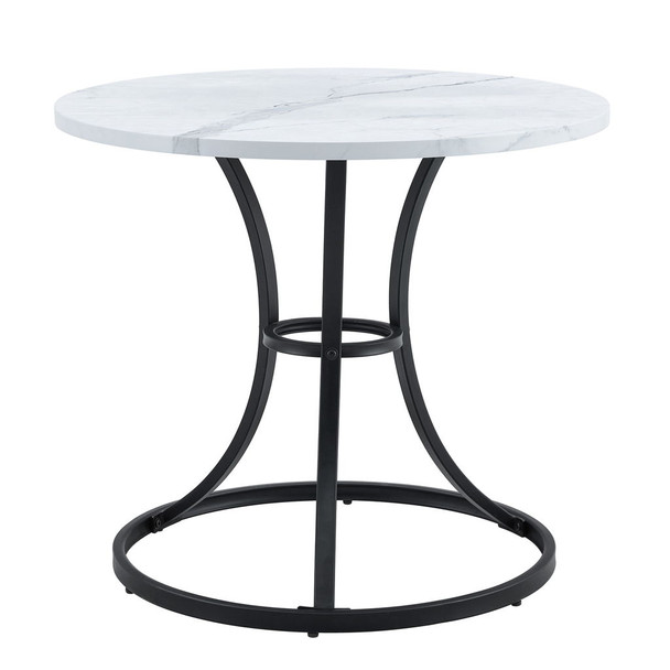 Modern Minimalist Circular Dining Table With Marble Texture And Metal Legs - White / Black