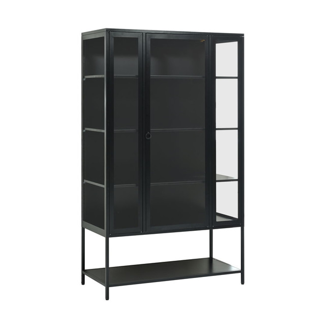 Modern Steel Display Cabinet With LED Lights And Glass Door For Home Or Workspace - Black