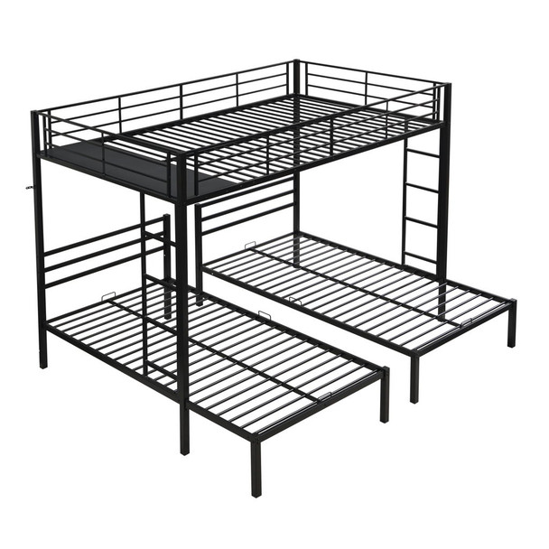 Modern Metal Triple Bunk Bed With Vertical Ladder, Safety Rail, And Storage Shelf - Black
