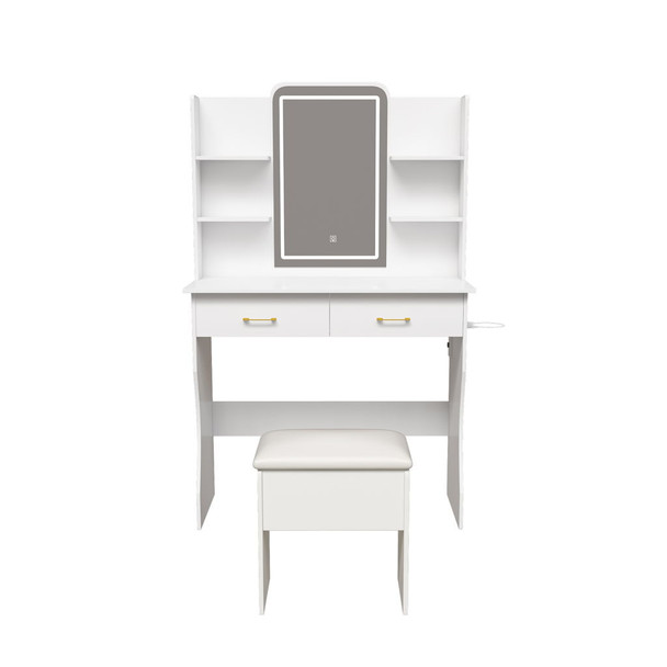 Vanity Desk With LED Lights Mirror, Power Outlet, Storage Drawers & Chair - White