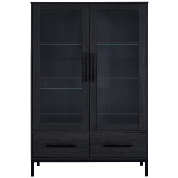 Modern Style Tall Display Cabinet With LED Lighting, Tempered Glass Door, 2 Drawers