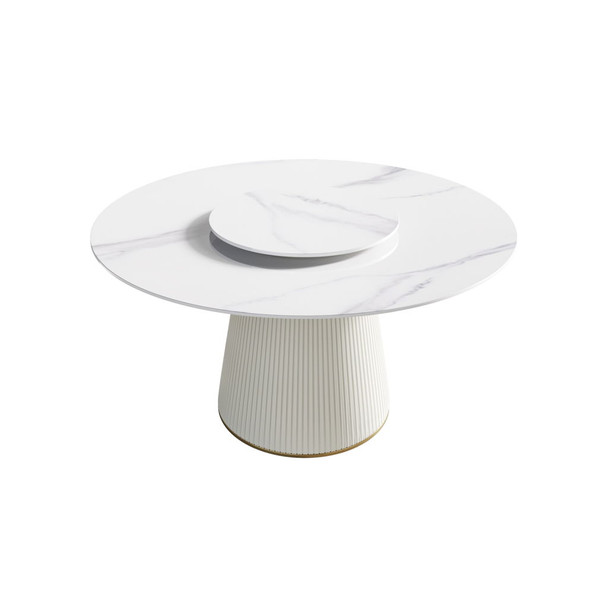 Modern Artificial Stone Round Plywood Base Dining Table, Can Accommodate 6 People, Artificial Stone Turntable (Not Including Chairs) - White / Beige