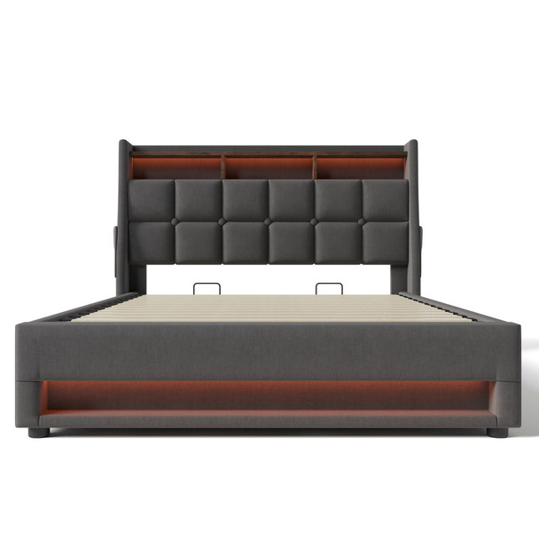 Full Size Upholstered Platform Bed With A Hydraulic Storage System, LED And USB Charging (Without Mattress) - Gray