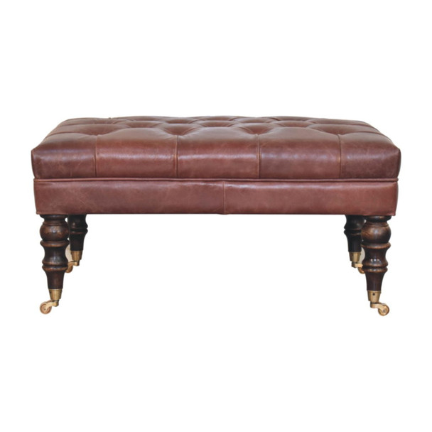 Buffalo - Brown Leather Ottoman With Castor Legs - Walnut