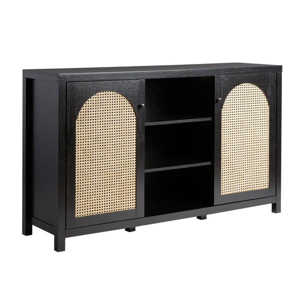 Transitional 2 Door Sideboard With Arched Rattan Panels - Black