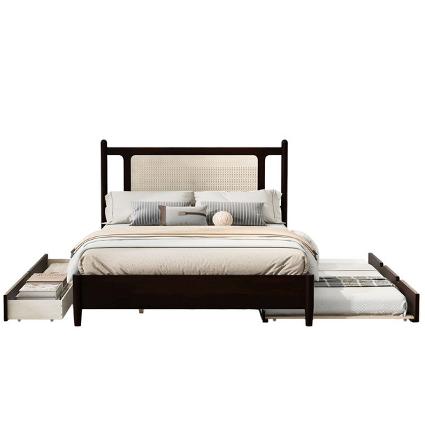 Queen Size Platform Bed With 2 Big Drawers Twin Size Trundle - Espresso