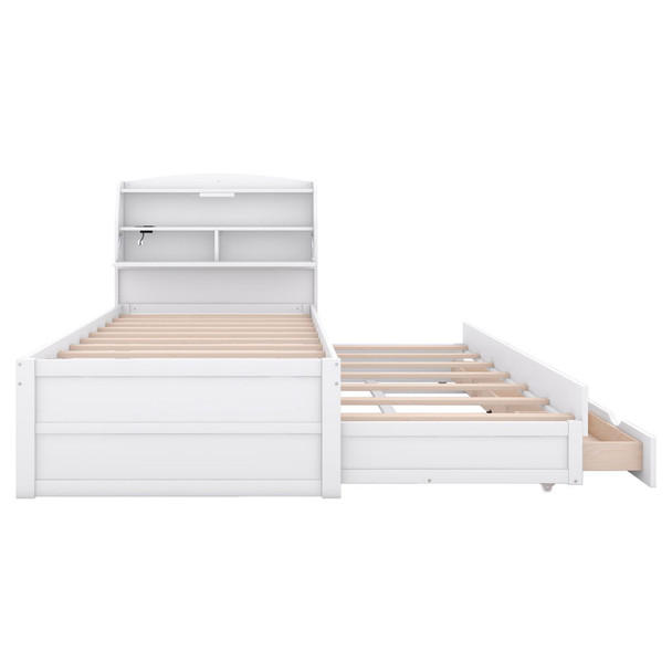 Twin Size LED Platform Bed With Trundle With Storage Headboard With Drawers - White