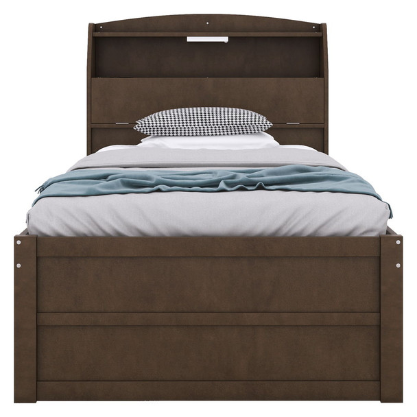 Twin Size LED Platform Bed With Trundle With Storage Headboard With Drawers - Brown