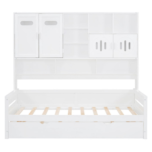Twin Size Wooden Daybed With Twin Size Trundle, And All In One Cabinet And Shelf - White