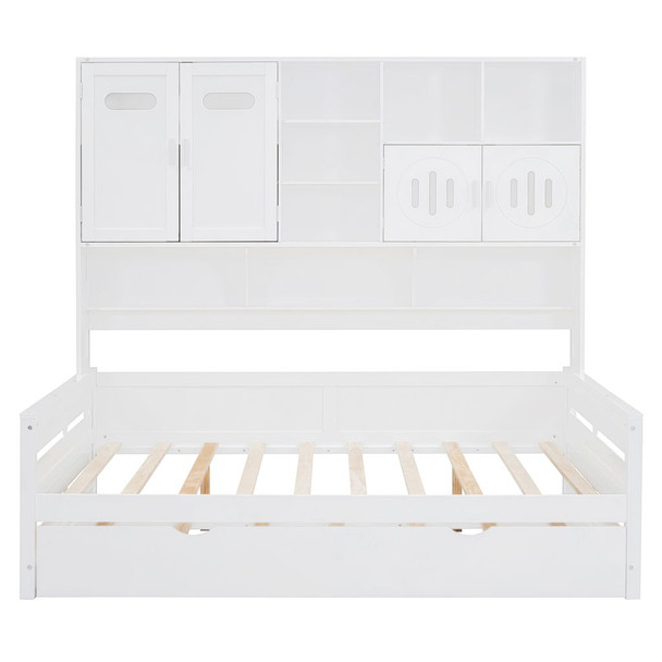 Full Size Wooden Daybed With Twin Size Trundle, And All In One Cabinet And Shelf - White