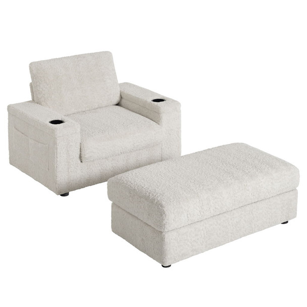 Oversized Chaise Lounge Indoor Rabbit Fur Sofa Bed With Storage Ottoman And Armrests Cup Holders With Deep Seat - Beige