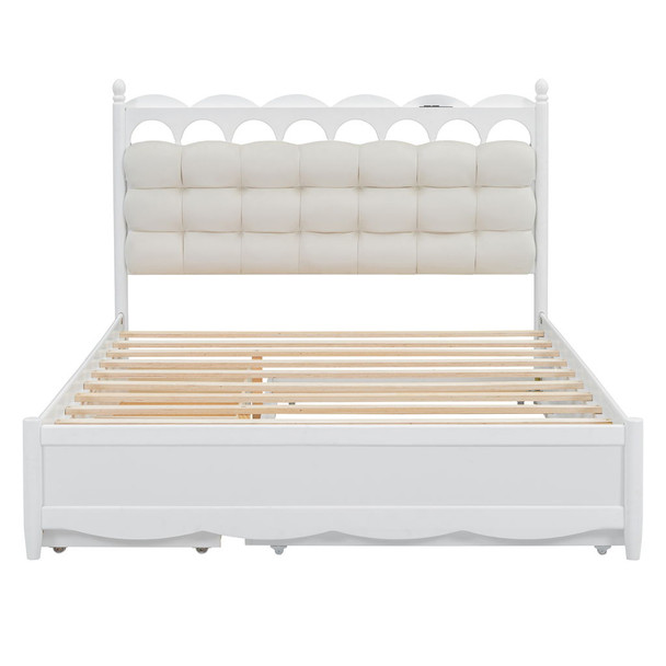 Queen Size Storage Platform Bed, With 2 Big Drawers, Twin Long Size Trundle, One Set Of Sockets & USB Ports - White