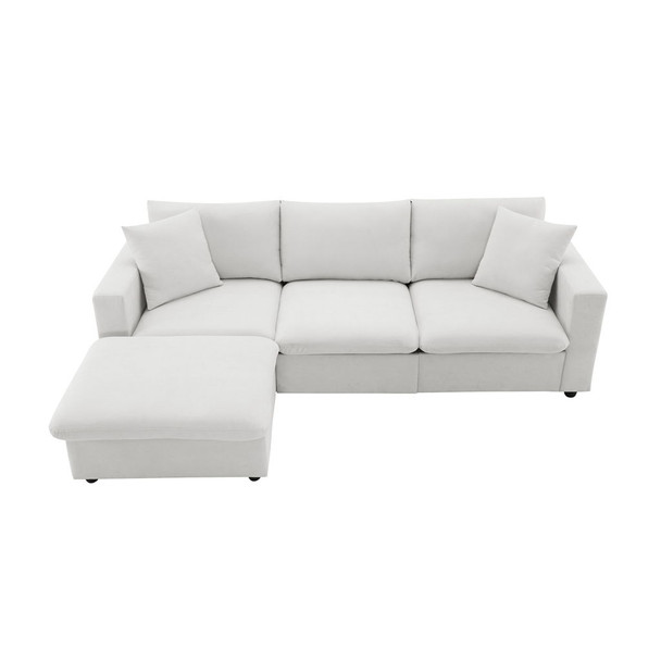 Modern Sectional Sofa With Throw Pillows, Cloud L Shaped Couch Set With Wide 4 Seat Comfy Couch Set With Movable Ottoman - White