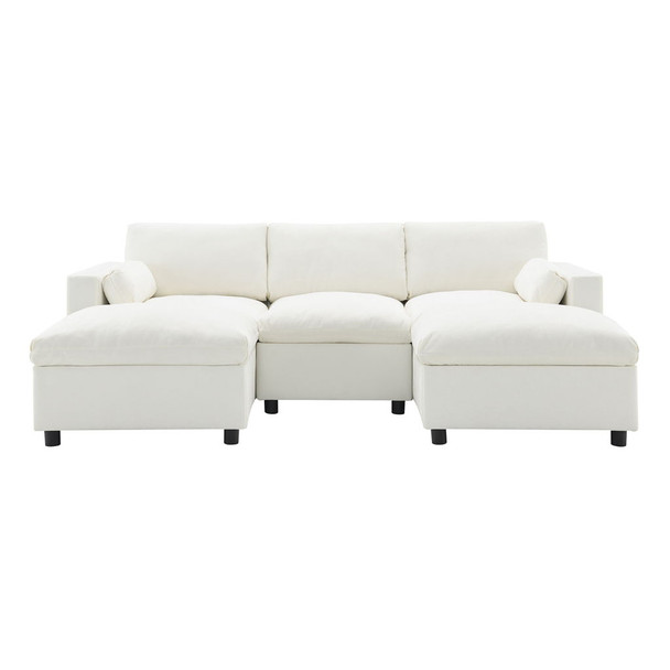 Modular Sectional With Storage Pockets, 5 Seat U Shaped Couch Set With Pillows Free Combination Modern Cloud Sofa With 2 Movable Ottoman - White