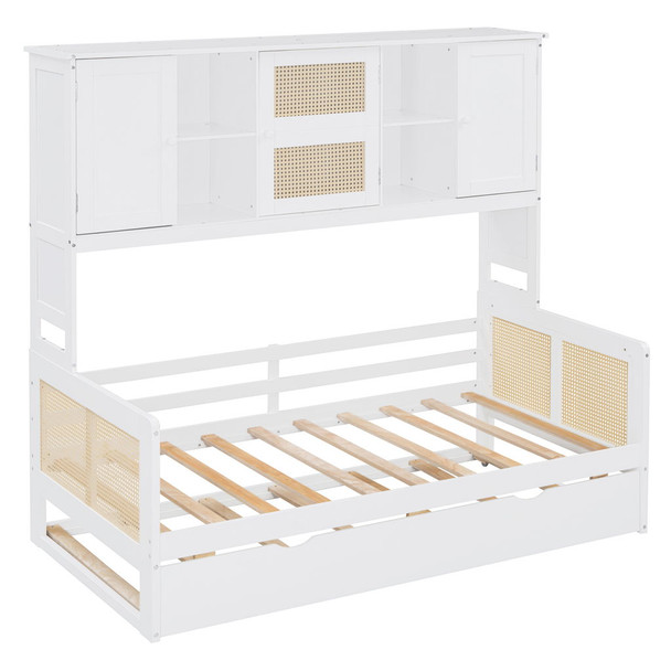 Twin Size Wooden Daybed & Twin Size Trundle, And All In One Cabinet And Shelf - White