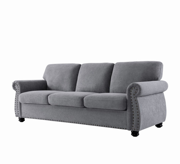 Soft Sofa, Upholstered 3 Seater Couch, Loose Back Cushions And Turned Legs - Gray