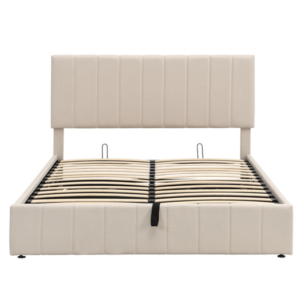 Queen Size Upholstered Platform Bed With A Hydraulic Storage System - Beige