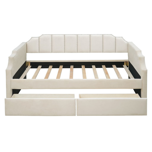 Twin Size Upholstered Classic Daybed With Drawers, Slat Support - Beige