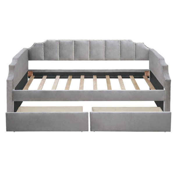 Twin Size Upholstered Classic Daybed With Drawers, Slat Support - Gray