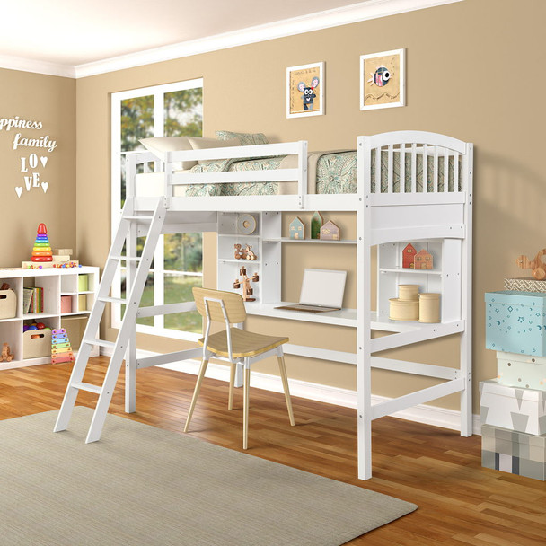 Twin Size Loft Bed With Storage Shelves, Desk And Ladder - White