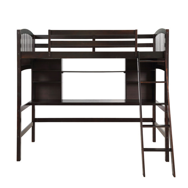 Twin Size Loft Bed With Storage Shelves, Desk And Ladder - Espresso