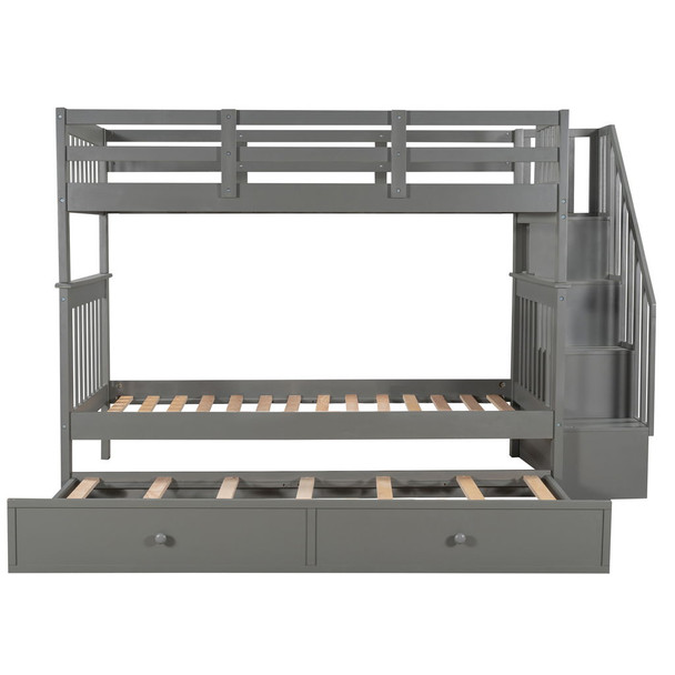 Twin Over Twin Stairway Bunk Bed With Twin Size Trundle For Bedroom - Gray