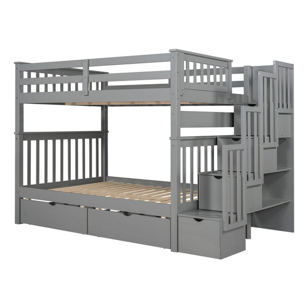 Full Over Full Bunk Bed With Shelves And 6 Storage Drawers - Gray