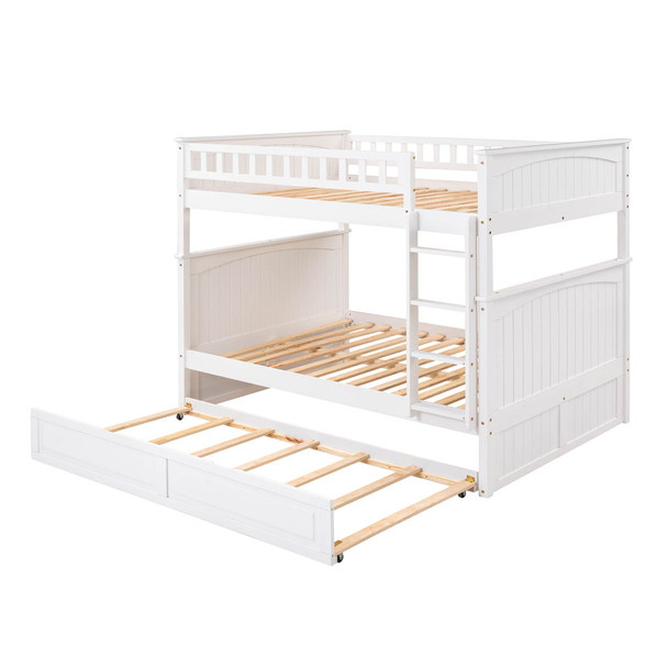 Full Over Full Bunk Bed With Twin Size Trundle, Guardrails - White