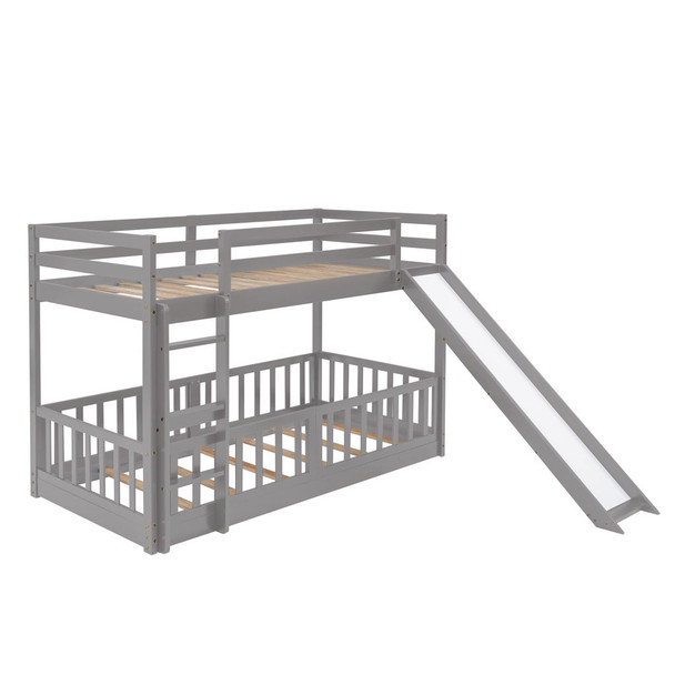 Twin Over Twin Classic Bunk Bed & Slide And Ladder - Gray