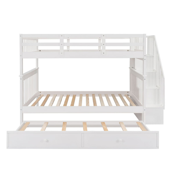 Full Over Full Stairway Bunk Bed With Twin Size Trundle, Storage And Guard Rail For Bedroom - White