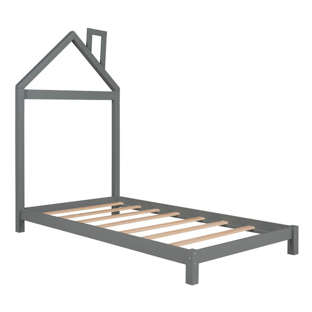 Twin Size Platform Bed With House Shaped Headboard - Gray