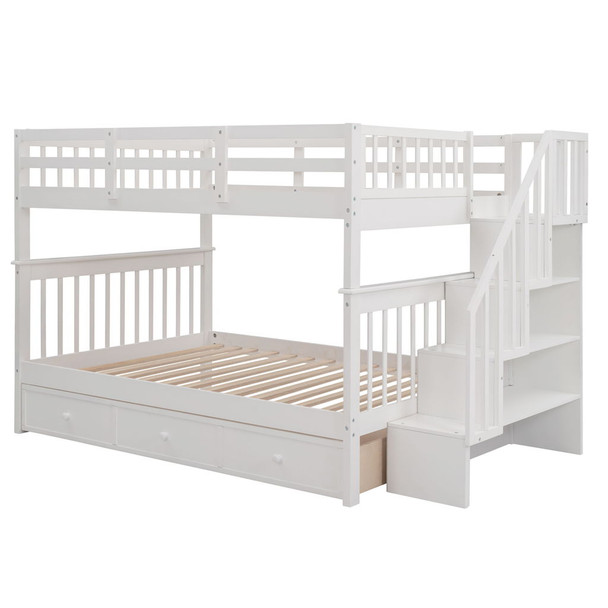 Full Over Full Stairway Bunk Bed With Drawer, Storage And Guard Rail For Bedroom - White