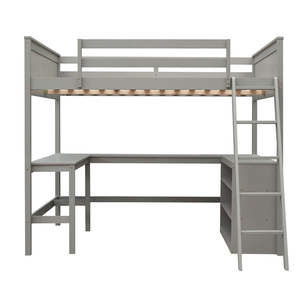 Full Size Loft Bed With Shelves With Desk - Gray