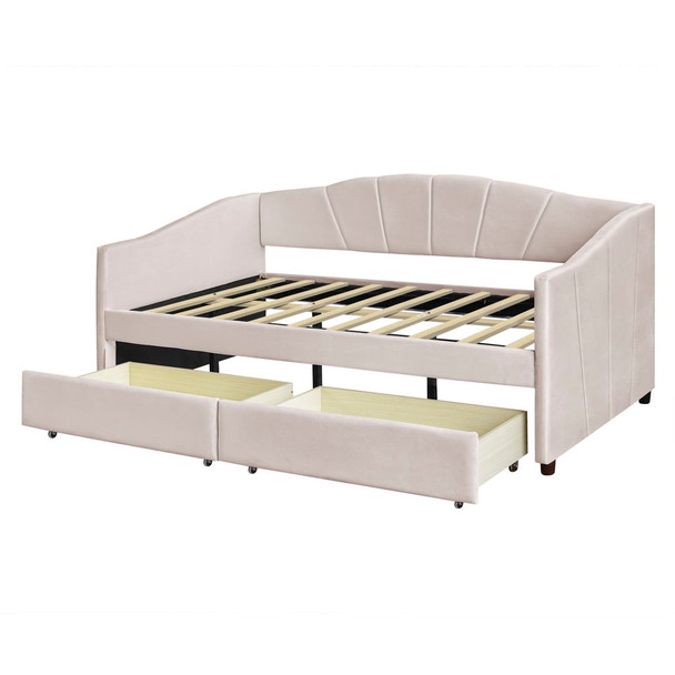 Twin Size Upholstered Daybed With Two Drawers And Slat - Beige