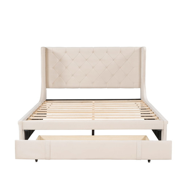 Queen Size Storage Upholstered Platform Bed With Wingback Headboard And A Big Drawer - Beige