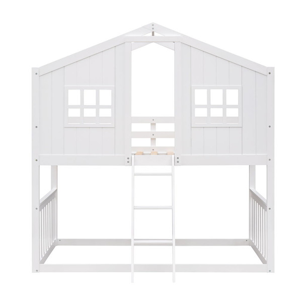Twin Over Twin House Bunk Bed With Ladder - White