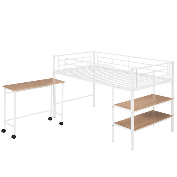 Twin Size Loft Bed With Desk And Shelves - White